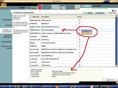 Onglet Composants de Zone Alarm